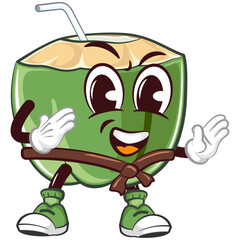 coconut drink character mascot with a straw with a funny face practicing martial arts wearing a belt, crowned and carrying a magic wand, isolated cartoon vector illustration. emoticon, cute coconut ma