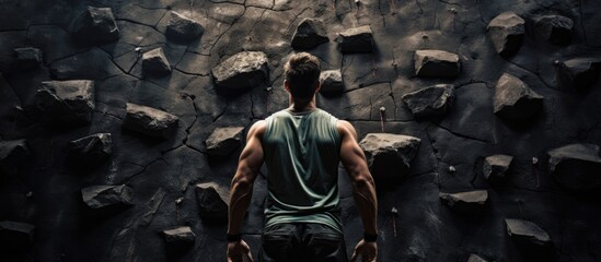 Fototapeta The young adult experienced an adventure mountains, his hand gripping the wall of the gym as he trained for the upcoming fitness competition, ensuring his safety during the intense exercise regimen. obraz