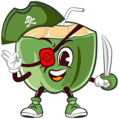 mascot character of coconut drink with a straw with a cute one-eyed face, wearing a pirate hat and carrying a dager, isolated cartoon vector illustration. emoticon, cute coconut mascot