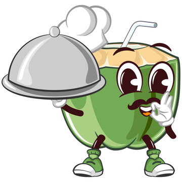 coconut drink character mascot with a straw with a funny face with a mustache wearing a chaf hat carrying a dish in a lit while giving a delicious sign, isolated cartoon vector illustration
