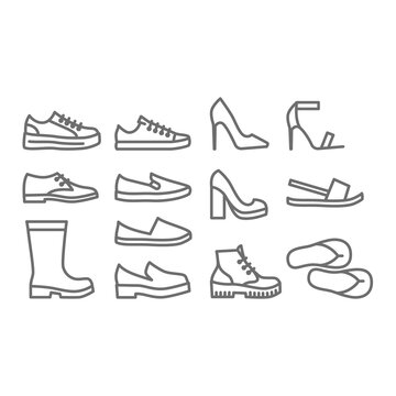 Shoes, men and women vector icon set. High heels, sneakers and boots shoe icons. Editable line.