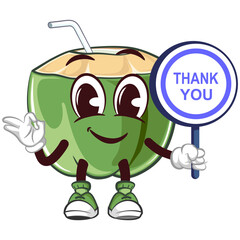 mascot coconut drink character with a straw with a funny face giving an okay sign while carrying a board saying thank you, isolated cartoon vector illustration. emoticon, cute coconut mascot