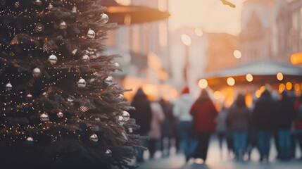 Fototapeta premium Christmas tree in front of a blurry shopping mall with people