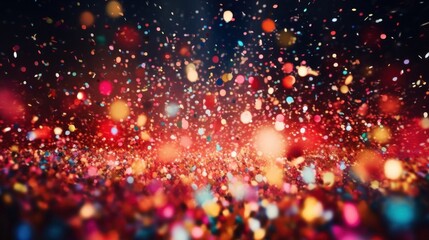 A festive and colorful party with flying neon confetti on a purple, red and blue background