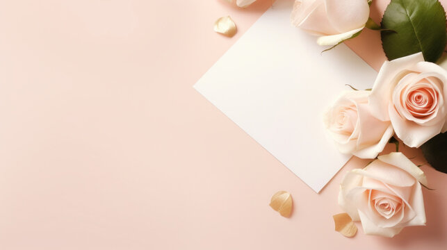 White rose and paper on beige background