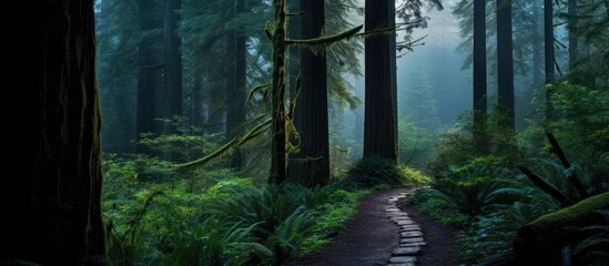 In the dim light of a magical forest, a traveler ventured through the fog-shrouded woods, mesmerized by the enchanting landscape of summer. Nature's majesty unfolded as towering trees reached for the