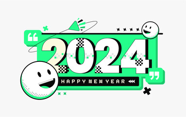 Happy New Year 2024 text pop up notification flyer banner design cartoon emoji vector illustration