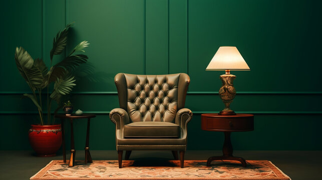 A Modern Living Room Symphony in Green. AI generative.