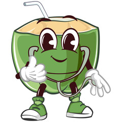 mascot character of coconut drink with a straw with a funny face being a medic using a statoscope, isolated cartoon vector illustration. emoticon, cute coconut mascot