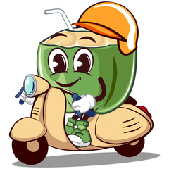 mascot character coconut drink with straw with funny face riding a scooter, isolated cartoon vector illustration. emoticon, cute coconut mascot