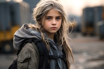 ten year old waif noble girl, light hair, solemn expression. a post-apocalyptic future. generative AI