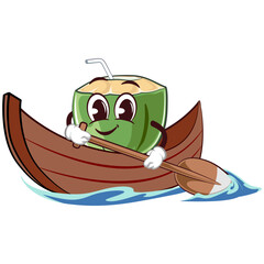mascot character coconut drink with straw with funny face rowing boat, isolated cartoon vector illustration. emoticon, cute coconut mascot
