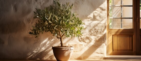 In a small Mediterranean house, a beautiful olive tree in a pottery pot serves as a charming deco, with its lush green leaves gently illuminated by the light filtering through the open door made of