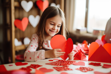 Smiling girl making paper valentine decorations for party in school class