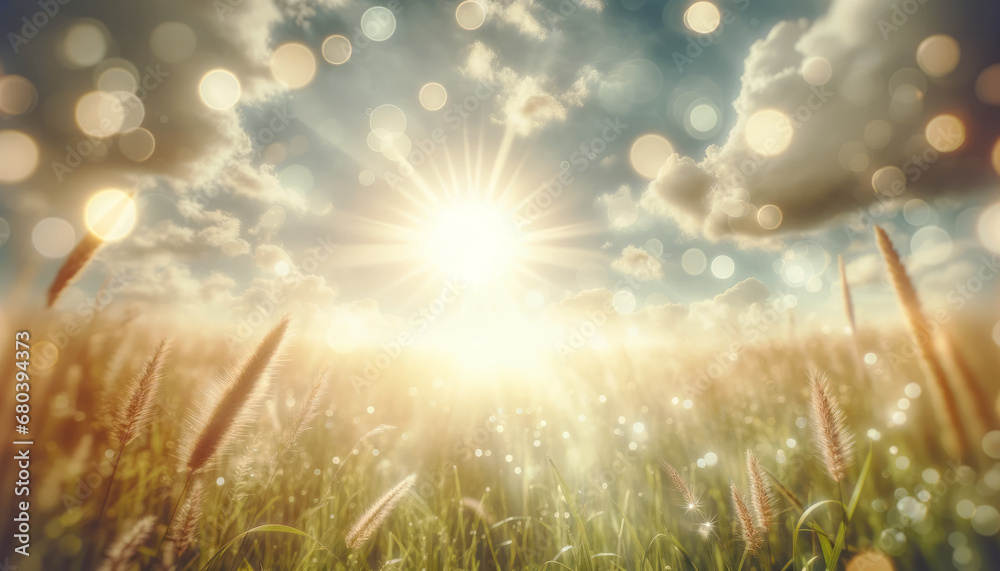 Poster sunburst through grass and floating light particles, ethereal morning freshness. inspirational and s