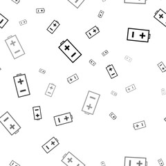 Seamless vector pattern with battery symbols, creating a creative monochrome background with rotated elements. Vector illustration on white background