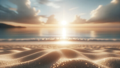 Sunrise on a serene beach with glistening sand textures. Peaceful and tranquil concept. Generative...