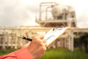 Action of the engineer is checking on oil distillation process paperwork checklist, with background...