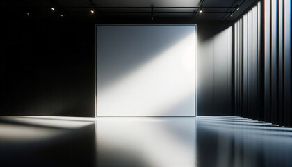Minimalist exhibition space with focused lighting and shadow play. Modern gallery concept. Generative AI