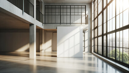 Chic loft space with blank white poster and natural sunlight. Modern interior design. Generative AI