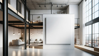 Blank white poster in a modern loft interior ambiance, highlighted by sunlight and open space. Generative AI