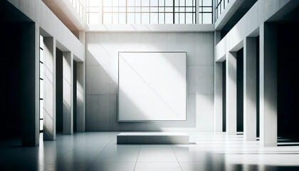 Modern gallery interior with blank white canvas and dynamic light play. Exhibition space. Generative AI