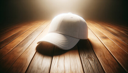 White baseball cap on wooden floor with radiant backlight. High-contrast mockup. Generative AI