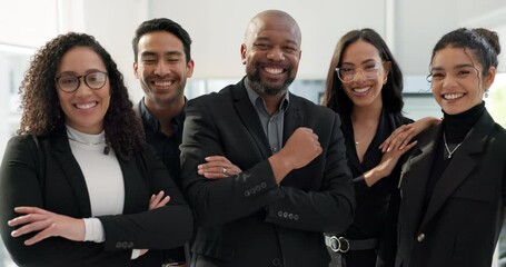 Business people, arms crossed and pride, face and team with diversity, financial advisor group in the workplace. Professional, collaboration and trust, confidence in portrait and accounting partners