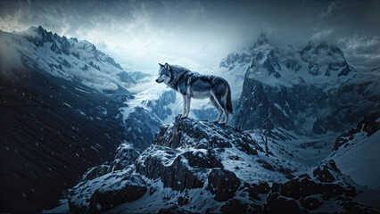 A lone wolf stands on a rocky cliff. the vast area in winter. This signifies the arrival of winter - obrazy, fototapety, plakaty