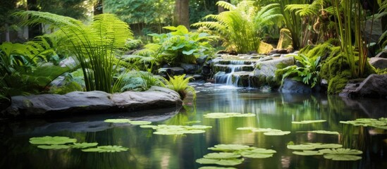 In the midst of a vibrant garden, the eyes are immediately drawn to the tranquil water feature, nestled perfectly within the breathtaking landscape design, adding a touch of serenity as the ferns sway - obrazy, fototapety, plakaty