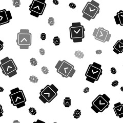 Seamless vector pattern with smart watch symbols, creating a creative monochrome background with rotated elements. Vector illustration on white background