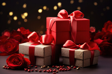 Holiday valentine gift boxes with red decor and bows