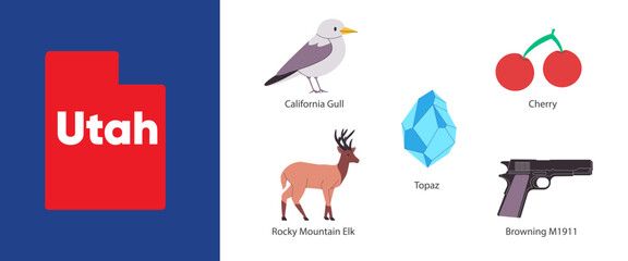 Utah states symbol object topaz browning pistol seagull bird rocky mountain elk America country illustration