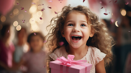 Fototapeta na wymiar Candid photo a cute child with surprise on her face opening gifts with family cheering in background during birthday