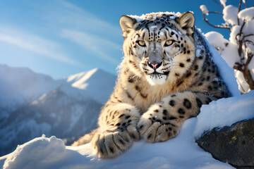 Beautiful snow leopard aganist snow mountans