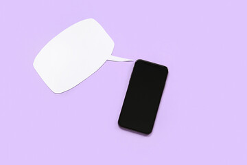 Mobile phone with blank screen and speech bubble on lilac background