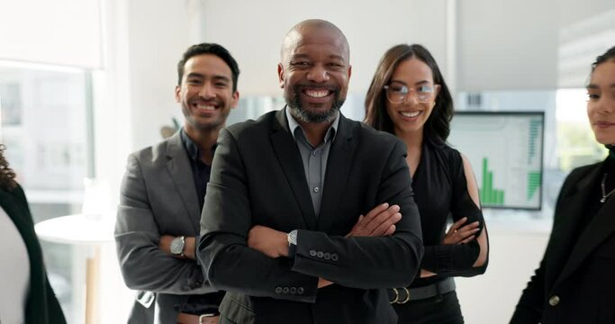 Business people, arms crossed and diversity, face and team with smile, financial advisor group in the workplace. Professional, collaboration and trust, confidence in portrait and accounting partners