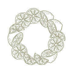 A composition of lemon slices and lemon halves in the form of a wreath. Citrus composition in graphic style. Vector illustration isolated on a white background.