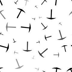 Seamless vector pattern with pickaxe symbols, creating a creative monochrome background with rotated elements. Vector illustration on white background