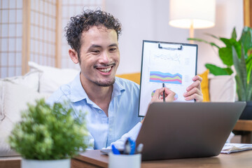 Entrepreneur professional businessman present datum online conference internet meeting communication computer laptop technology, document analysis statistic chart graph presentation remote video call