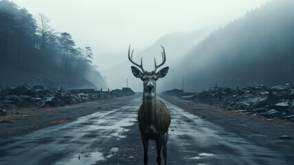 Foggy winter forest with a deer on the road. Winter landscape with cloud forest, reindeer and road. - obrazy, fototapety, plakaty