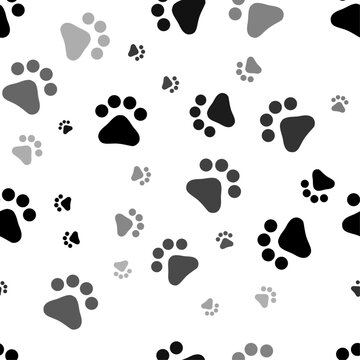 Seamless vector pattern with pet symbols, creating a creative monochrome background with rotated elements. Vector illustration on white background