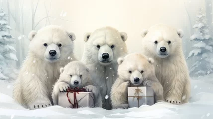 Keuken spatwand met foto Group of polar bears with gifts in a snowy winter landscape © senadesign