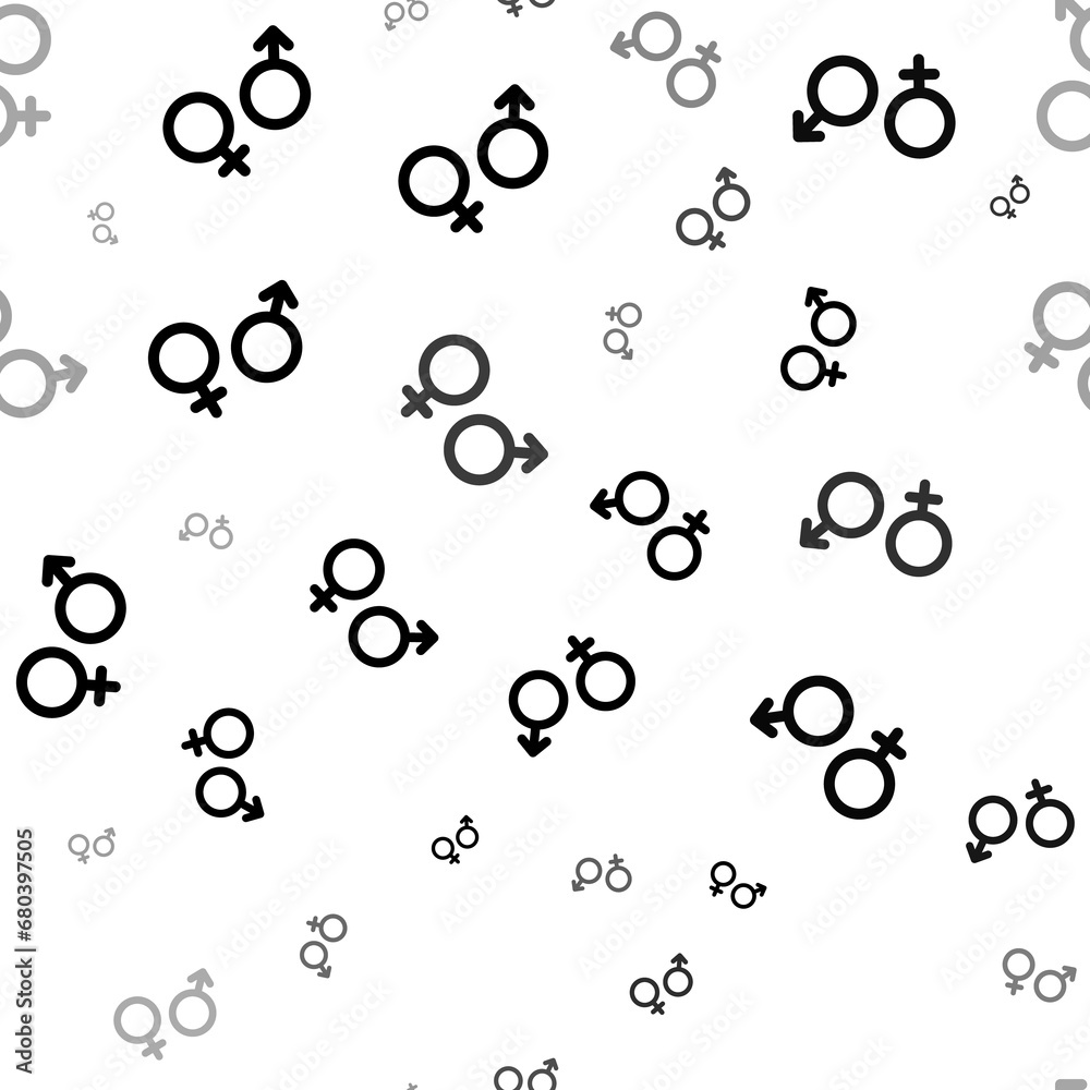 Poster seamless vector pattern with gender symbols, creating a creative monochrome background with rotated 