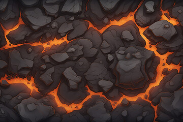 Top-down, illustrated asset of a rocky path split by streams of lava, game background setting, material texture
