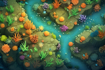 Obraz na płótnie Canvas Top-down, illustrated asset of a colorful ocean floor with trails through coral, game background setting, material texture