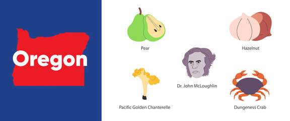 Oregon states of symbol object of dungeness crab pear hazelnut pacific golden chanterelle America country illustration map shape