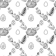 Vector Easter seamless pattern. Great spring Holiday background. Doodle outline illustration. Cute hand drawn bunny, eggs, plants and blossom picture