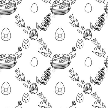 Vector Easter seamless pattern. Great spring Holiday background. Doodle outline illustration. Cute hand drawn bunny, eggs, plants and blossom picture