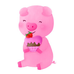 pink pig watercolor painting, pink pig illustration, pink pig clipart, valentines clipart